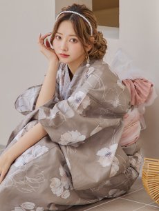 画像1: 【即日発送】グレージュ線画フラワー浴衣 【浴衣3点セット 浴衣/帯/下駄】 [YMT] (1)