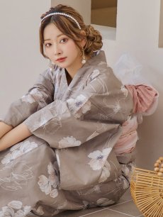 画像12: 【即日発送】グレージュ線画フラワー浴衣 【浴衣3点セット 浴衣/帯/下駄】 [YMT] (12)