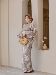 画像5: 【即日発送】グレージュ線画フラワー浴衣 【浴衣3点セット 浴衣/帯/下駄】 [YMT] (5)