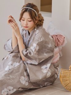 画像7: 【即日発送】グレージュ線画フラワー浴衣 【浴衣3点セット 浴衣/帯/下駄】 [YMT] (7)