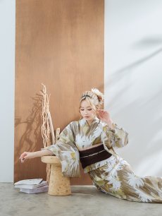 画像12: 【浴衣セール！】【即日発送】大人グリーンベージュフラワー浴衣 【浴衣3点セット 浴衣/帯/下駄】 [YMT] (12)