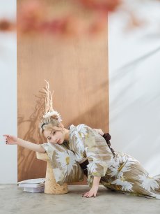 画像14: 【浴衣セール！】【即日発送】大人グリーンベージュフラワー浴衣 【浴衣3点セット 浴衣/帯/下駄】 [YMT] (14)