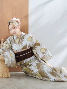 画像18: 【浴衣セール！】【即日発送】大人グリーンベージュフラワー浴衣 【浴衣3点セット 浴衣/帯/下駄】 [YMT] (18)