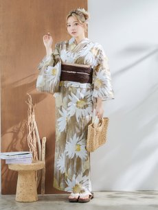 画像4: 【浴衣セール！】【即日発送】大人グリーンベージュフラワー浴衣 【浴衣3点セット 浴衣/帯/下駄】 [YMT] (4)