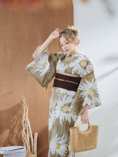 画像7: 【浴衣セール！】【即日発送】大人グリーンベージュフラワー浴衣 【浴衣3点セット 浴衣/帯/下駄】 [YMT] (7)