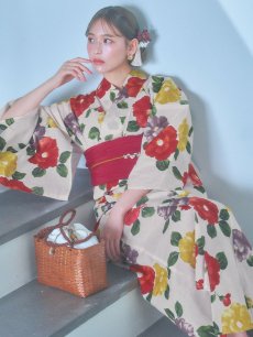 画像1: 【即日発送】モダン椿浴衣 【浴衣3点セット 浴衣/帯/下駄】 [YMT] (1)