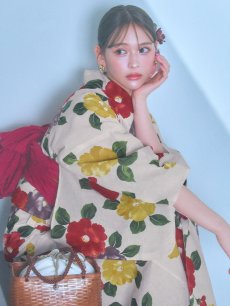 画像2: 【即日発送】モダン椿浴衣 【浴衣3点セット 浴衣/帯/下駄】 [YMT] (2)