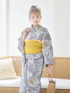 画像2: 【即日発送】グレー×フラワー浴衣 【浴衣3点セット 浴衣/帯/下駄】 [YMT] (2)