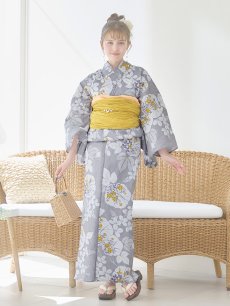 画像3: 【即日発送】グレー×フラワー浴衣 【浴衣3点セット 浴衣/帯/下駄】 [YMT] (3)