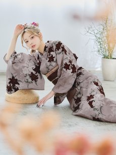 画像13: 【即日発送】ブラウンパープルリリー浴衣 【浴衣3点セット 浴衣/帯/下駄】 [YMT] (13)