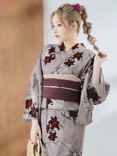 画像7: 【即日発送】ブラウンパープルリリー浴衣 【浴衣3点セット 浴衣/帯/下駄】 [YMT] (7)