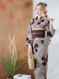 画像9: 【即日発送】ブラウンパープルリリー浴衣 【浴衣3点セット 浴衣/帯/下駄】 [YMT] (9)