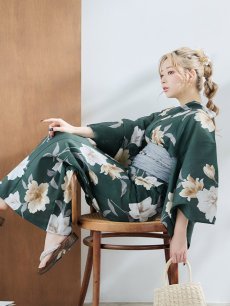 画像1: 【即日発送】ディープグリーン×イエローフラワー浴衣 【浴衣3点セット 浴衣/帯/下駄】 [YMT] (1)