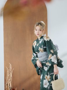 画像10: 【即日発送】ディープグリーン×イエローフラワー浴衣 【浴衣3点セット 浴衣/帯/下駄】 [YMT] (10)