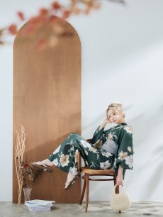 画像11: 【即日発送】ディープグリーン×イエローフラワー浴衣 【浴衣3点セット 浴衣/帯/下駄】 [YMT] (11)