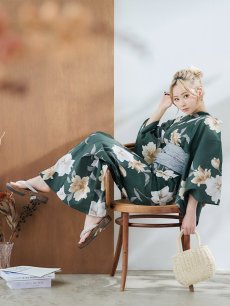 画像12: 【即日発送】ディープグリーン×イエローフラワー浴衣 【浴衣3点セット 浴衣/帯/下駄】 [YMT] (12)