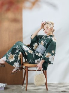 画像13: 【即日発送】ディープグリーン×イエローフラワー浴衣 【浴衣3点セット 浴衣/帯/下駄】 [YMT] (13)