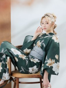 画像14: 【即日発送】ディープグリーン×イエローフラワー浴衣 【浴衣3点セット 浴衣/帯/下駄】 [YMT] (14)