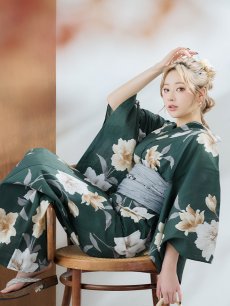 画像15: 【即日発送】ディープグリーン×イエローフラワー浴衣 【浴衣3点セット 浴衣/帯/下駄】 [YMT] (15)