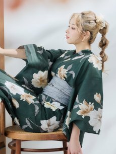 画像16: 【即日発送】ディープグリーン×イエローフラワー浴衣 【浴衣3点セット 浴衣/帯/下駄】 [YMT] (16)