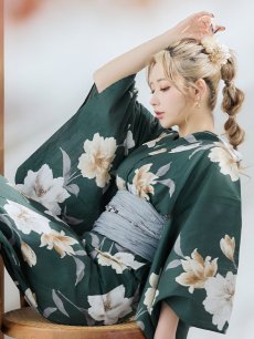 画像17: 【即日発送】ディープグリーン×イエローフラワー浴衣 【浴衣3点セット 浴衣/帯/下駄】 [YMT] (17)