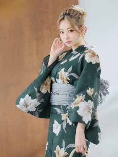 画像2: 【即日発送】ディープグリーン×イエローフラワー浴衣 【浴衣3点セット 浴衣/帯/下駄】 [YMT] (2)