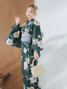 画像3: 【即日発送】ディープグリーン×イエローフラワー浴衣 【浴衣3点セット 浴衣/帯/下駄】 [YMT] (3)