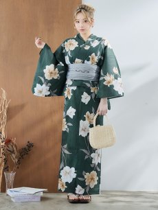 画像4: 【即日発送】ディープグリーン×イエローフラワー浴衣 【浴衣3点セット 浴衣/帯/下駄】 [YMT] (4)