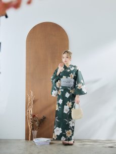 画像5: 【即日発送】ディープグリーン×イエローフラワー浴衣 【浴衣3点セット 浴衣/帯/下駄】 [YMT] (5)