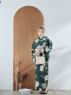 画像6: 【即日発送】ディープグリーン×イエローフラワー浴衣 【浴衣3点セット 浴衣/帯/下駄】 [YMT] (6)