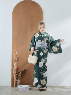 画像7: 【即日発送】ディープグリーン×イエローフラワー浴衣 【浴衣3点セット 浴衣/帯/下駄】 [YMT] (7)