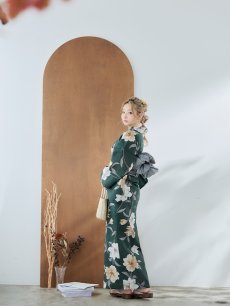 画像8: 【即日発送】ディープグリーン×イエローフラワー浴衣 【浴衣3点セット 浴衣/帯/下駄】 [YMT] (8)