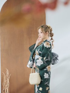 画像9: 【即日発送】ディープグリーン×イエローフラワー浴衣 【浴衣3点セット 浴衣/帯/下駄】 [YMT] (9)