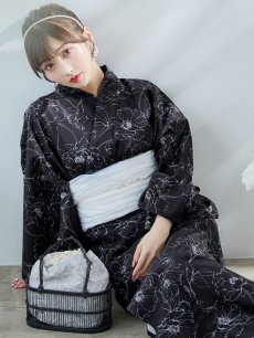 画像14: 【即日発送】ブラック×線画フラワー浴衣 【浴衣3点セット 浴衣/帯/下駄】 [YMT] (14)