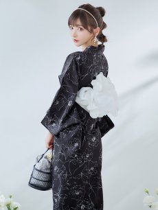 画像16: 【即日発送】ブラック×線画フラワー浴衣 【浴衣3点セット 浴衣/帯/下駄】 [YMT] (16)