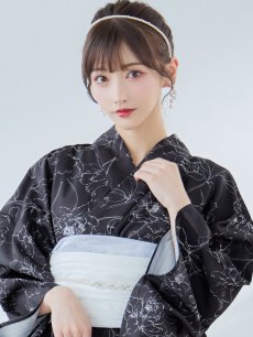 画像18: 【即日発送】ブラック×線画フラワー浴衣 【浴衣3点セット 浴衣/帯/下駄】 [YMT] (18)