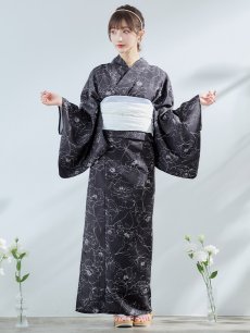 画像4: 【即日発送】ブラック×線画フラワー浴衣 【浴衣3点セット 浴衣/帯/下駄】 [YMT] (4)