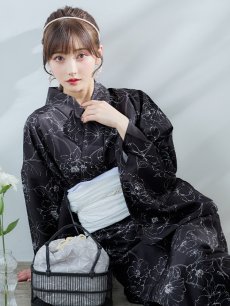 画像8: 【即日発送】ブラック×線画フラワー浴衣 【浴衣3点セット 浴衣/帯/下駄】 [YMT] (8)