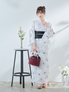画像14: 【即日発送】ホワイト×線画フラワー浴衣 【浴衣3点セット 浴衣/帯/下駄】 [YMT] (14)