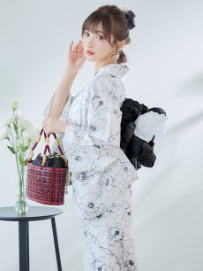 画像3: 【即日発送】ホワイト×線画フラワー浴衣 【浴衣3点セット 浴衣/帯/下駄】 [YMT] (3)