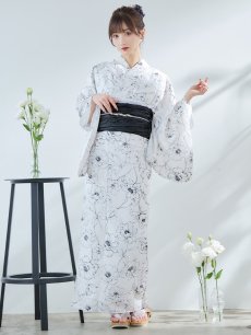 画像4: 【即日発送】ホワイト×線画フラワー浴衣 【浴衣3点セット 浴衣/帯/下駄】 [YMT] (4)