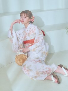 画像1: 【即日発送】クリームイエロー×オレンジ紫陽花浴衣 【浴衣3点セット 浴衣/帯/下駄】 [YMT] (1)