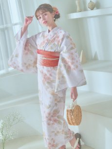 画像2: 【即日発送】クリームイエロー×オレンジ紫陽花浴衣 【浴衣3点セット 浴衣/帯/下駄】 [YMT] (2)