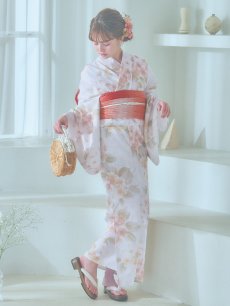 画像4: 【即日発送】クリームイエロー×オレンジ紫陽花浴衣 【浴衣3点セット 浴衣/帯/下駄】 [YMT] (4)