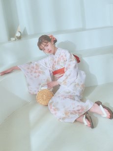 画像7: 【即日発送】クリームイエロー×オレンジ紫陽花浴衣 【浴衣3点セット 浴衣/帯/下駄】 [YMT] (7)