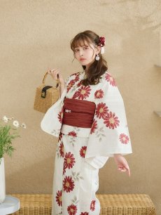 画像15: 【即日発送】レッドフラワーモダン浴衣 【浴衣3点セット 浴衣/帯/下駄】 [OF04] (15)