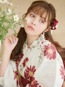 画像2: 【即日発送】レッドフラワーモダン浴衣 【浴衣3点セット 浴衣/帯/下駄】 [OF04] (2)
