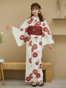 画像4: 【即日発送】レッドフラワーモダン浴衣 【浴衣3点セット 浴衣/帯/下駄】 [OF04] (4)