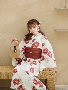 画像7: 【即日発送】レッドフラワーモダン浴衣 【浴衣3点セット 浴衣/帯/下駄】 [OF04] (7)