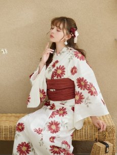 画像9: 【即日発送】レッドフラワーモダン浴衣 【浴衣3点セット 浴衣/帯/下駄】 [OF04] (9)